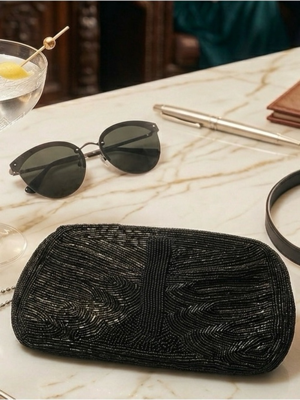 Black Beaded Wristlet Clutch (sunglass case) - Elegant Evening Accessory